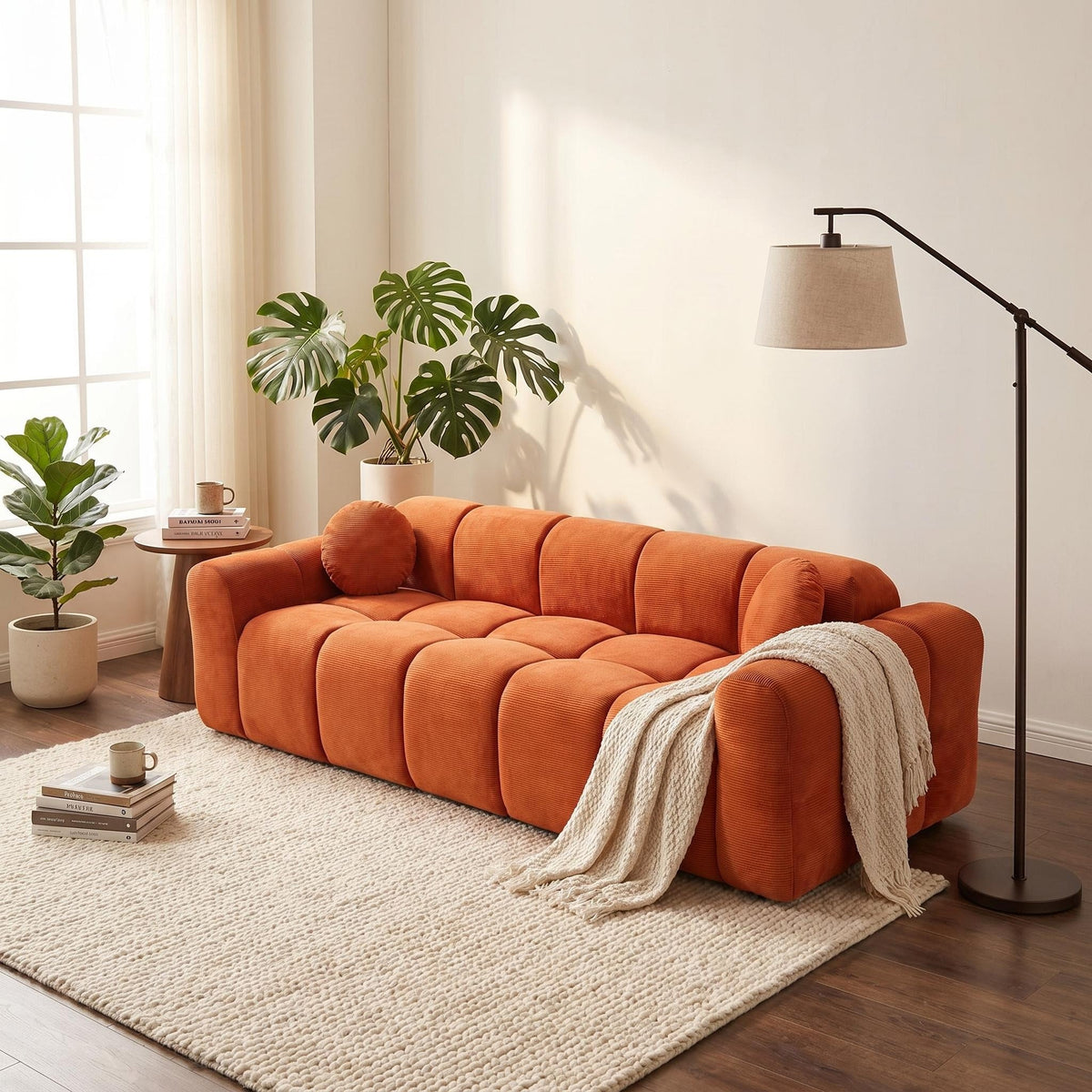 98.4" Extra Large Compression Sofa, Corduroy Cloud Puff Couch for Living Room, 3-Seater Upholstered Sofa with 2 Pillows, Vacuum Packed Easy to Move for Small Space, Apartment, Studio - Sonkuki
