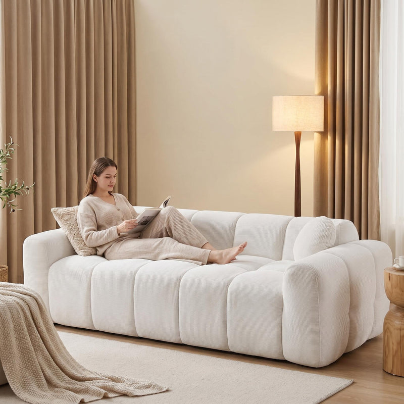 98.4" Extra Large Compression Sofa, Corduroy Cloud Puff Couch for Living Room, 3-Seater Upholstered Sofa with 2 Pillows, Vacuum Packed Easy to Move for Small Space, Apartment, Studio - Sonkuki