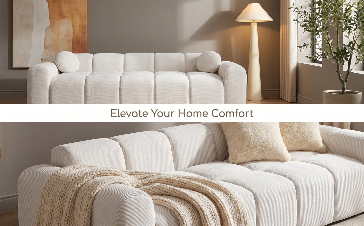 98.4" Extra Large Compression Sofa, Corduroy Cloud Puff Couch for Living Room, 3-Seater Upholstered Sofa with 2 Pillows, Vacuum Packed Easy to Move for Small Space, Apartment, Studio - Sonkuki