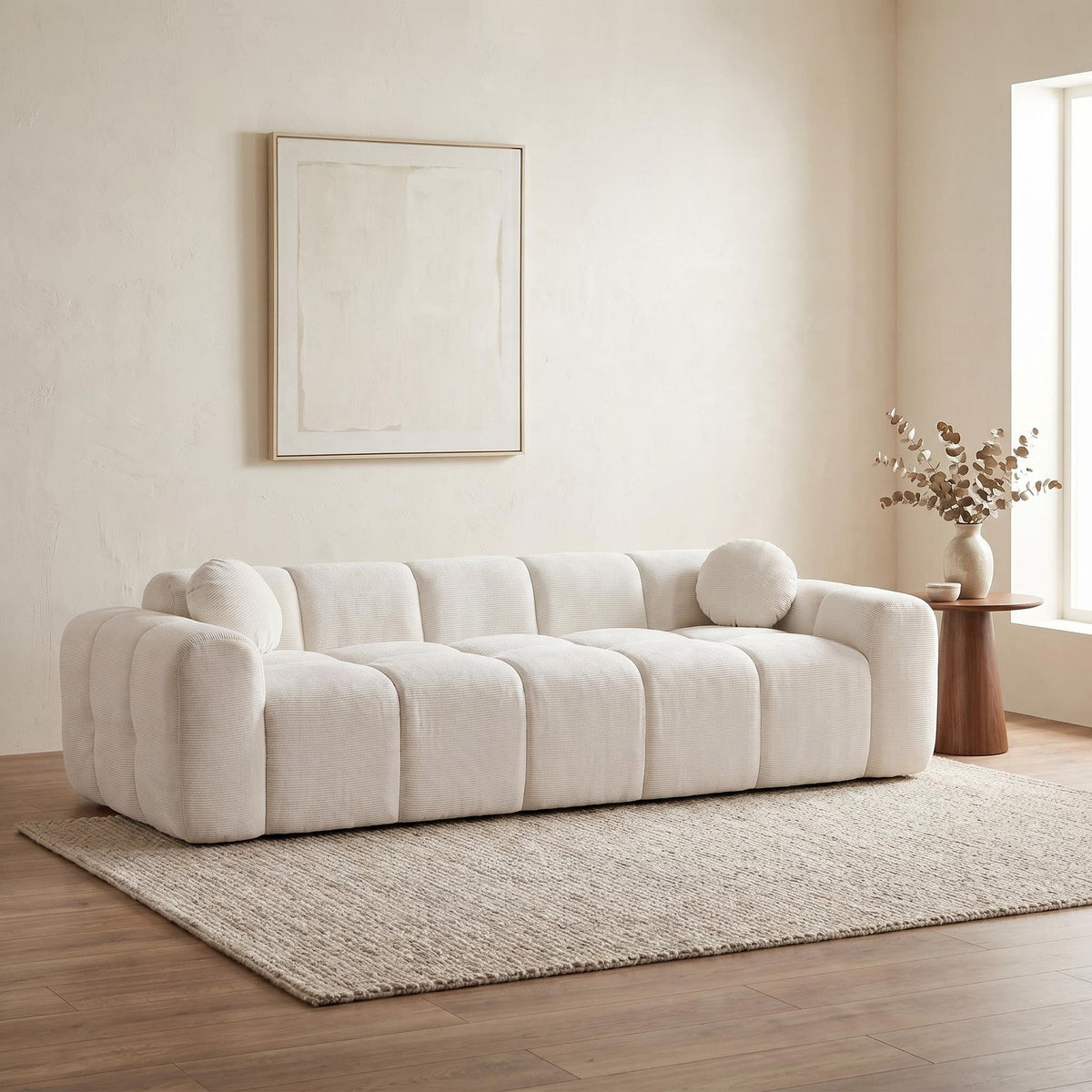 98.4" Extra Large Compression Sofa, Corduroy Cloud Puff Couch for Living Room, 3-Seater Upholstered Sofa with 2 Pillows, Vacuum Packed Easy to Move for Small Space, Apartment, Studio - Sonkuki