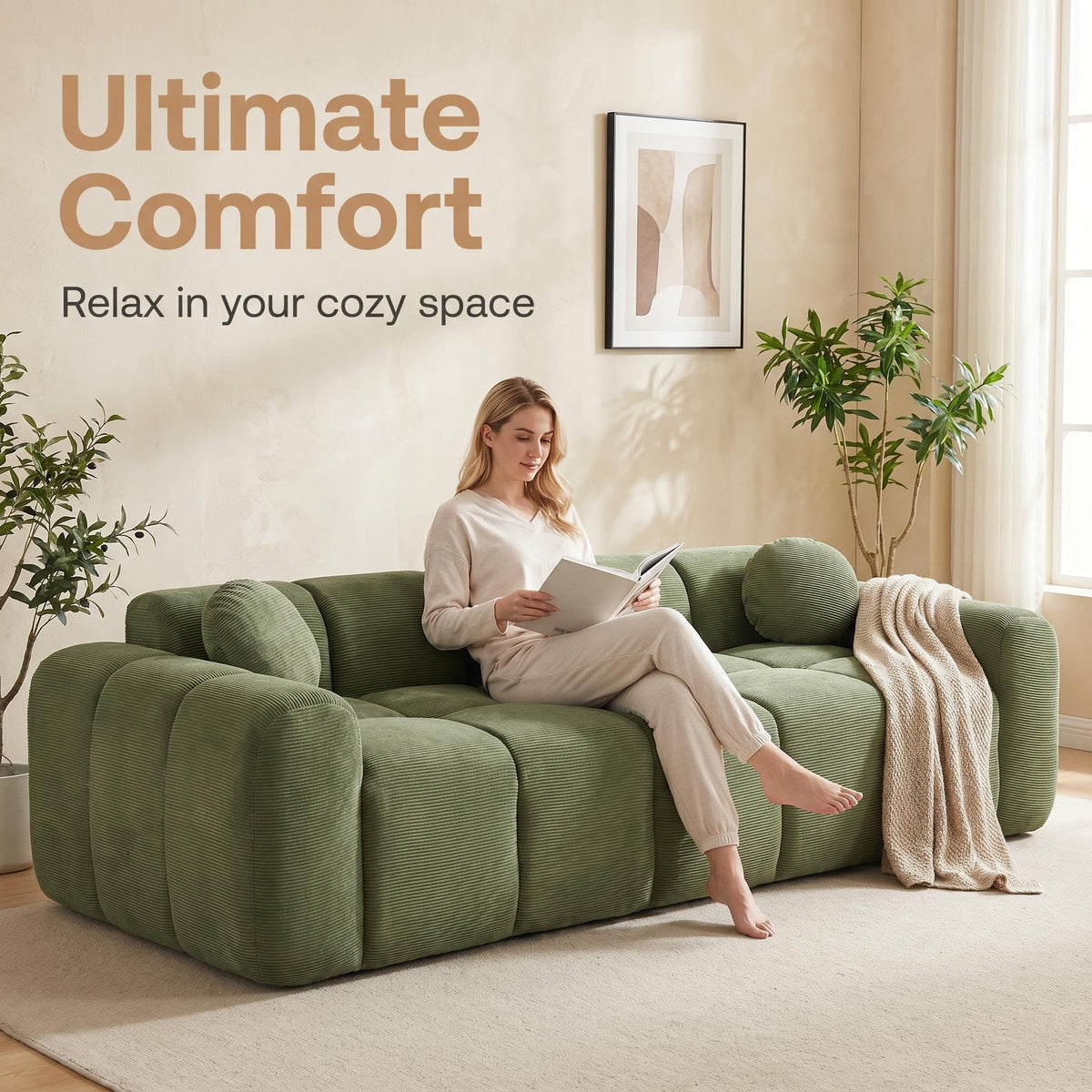 98.4" Extra Large Compression Sofa, Corduroy Cloud Puff Couch for Living Room, 3-Seater Upholstered Sofa with 2 Pillows, Vacuum Packed Easy to Move for Small Space, Apartment, Studio - Sonkuki
