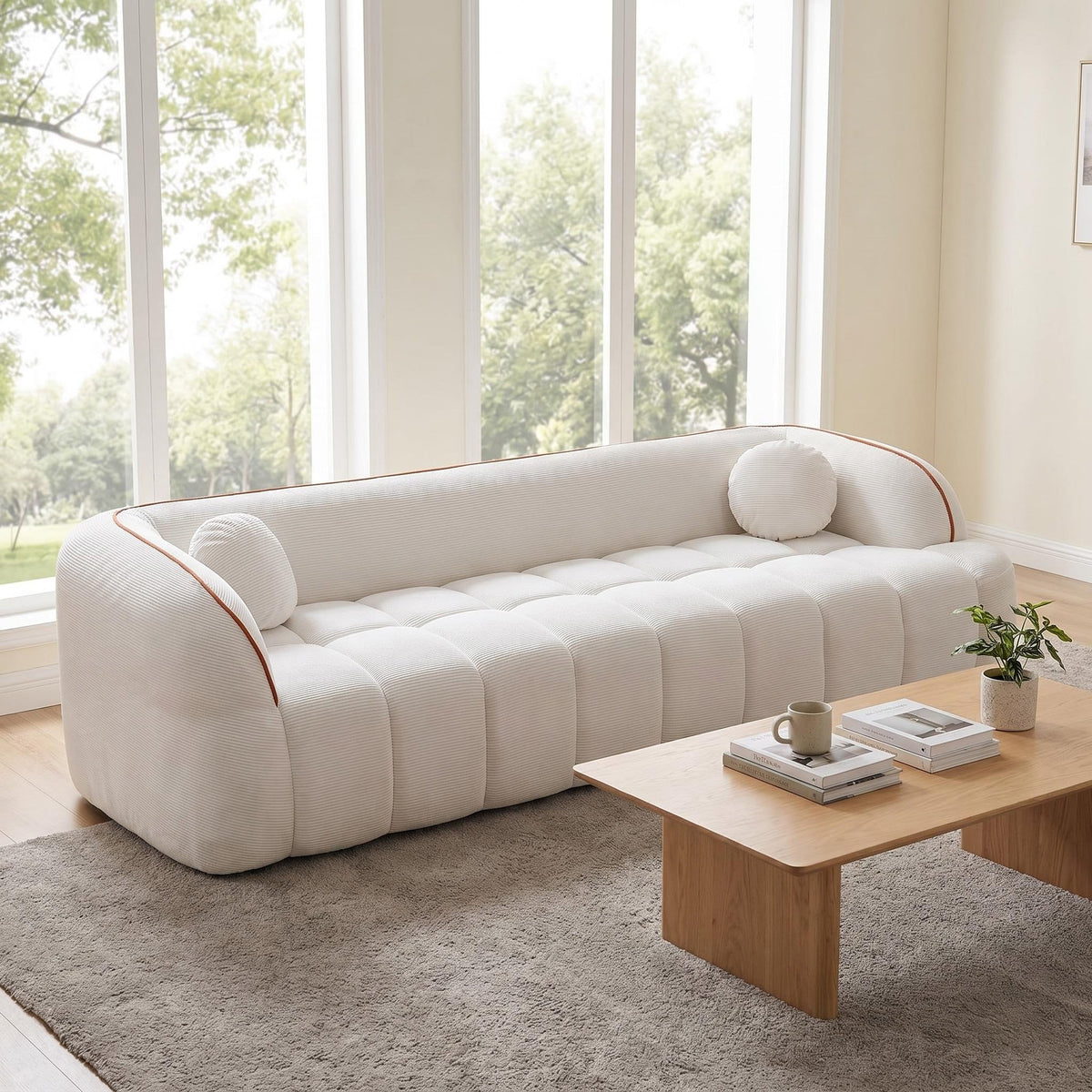98.4" Modern Compressed Sofa, Cloud Couch 3-Seater Corduroy Sofa, No Assembly Required, Bubble Channel Tufted Couch with 2 Pillows, Comfy Deep Seat for Living Room, Apartment, Office - Sonkuki