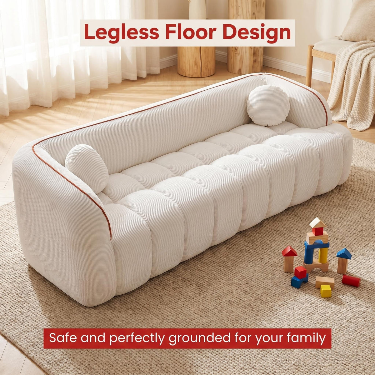 98.4" Modern Compressed Sofa, Cloud Couch 3-Seater Corduroy Sofa, No Assembly Required, Bubble Channel Tufted Couch with 2 Pillows, Comfy Deep Seat for Living Room, Apartment, Office - Sonkuki