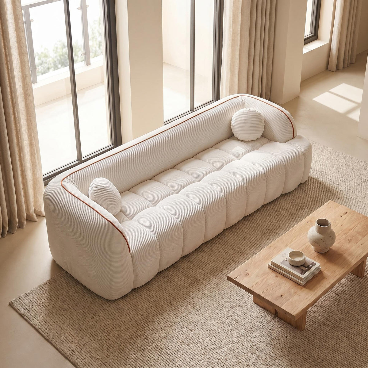 98.4" Modern Compressed Sofa, Cloud Couch 3-Seater Corduroy Sofa, No Assembly Required, Bubble Channel Tufted Couch with 2 Pillows, Comfy Deep Seat for Living Room, Apartment, Office - Sonkuki