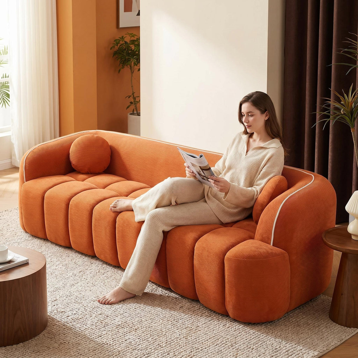 98.4" Modern Compressed Sofa, Cloud Couch 3-Seater Corduroy Sofa, No Assembly Required, Bubble Channel Tufted Couch with 2 Pillows, Comfy Deep Seat for Living Room, Apartment, Office - Sonkuki