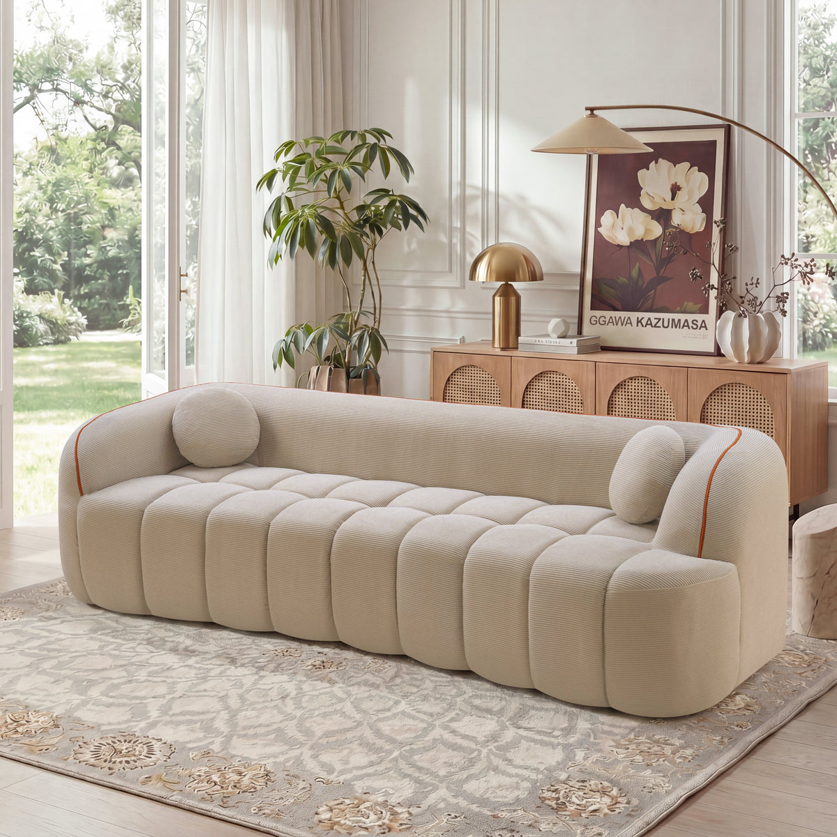 98.4" Modern Compressed Sofa, Cloud Couch 3-Seater Corduroy Sofa, No Assembly Required, Bubble Channel Tufted Couch with 2 Pillows, Comfy Deep Seat for Living Room, Apartment, Office - Sonkuki