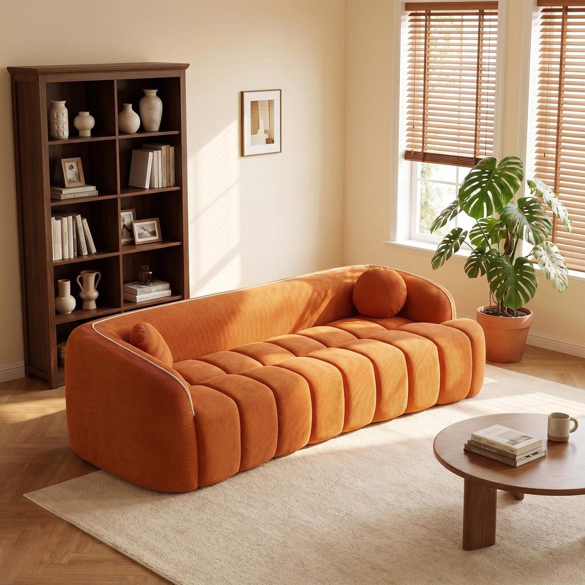 98.4" Modern Compressed Sofa, Cloud Couch 3-Seater Corduroy Sofa, No Assembly Required, Bubble Channel Tufted Couch with 2 Pillows, Comfy Deep Seat for Living Room, Apartment, Office - Sonkuki