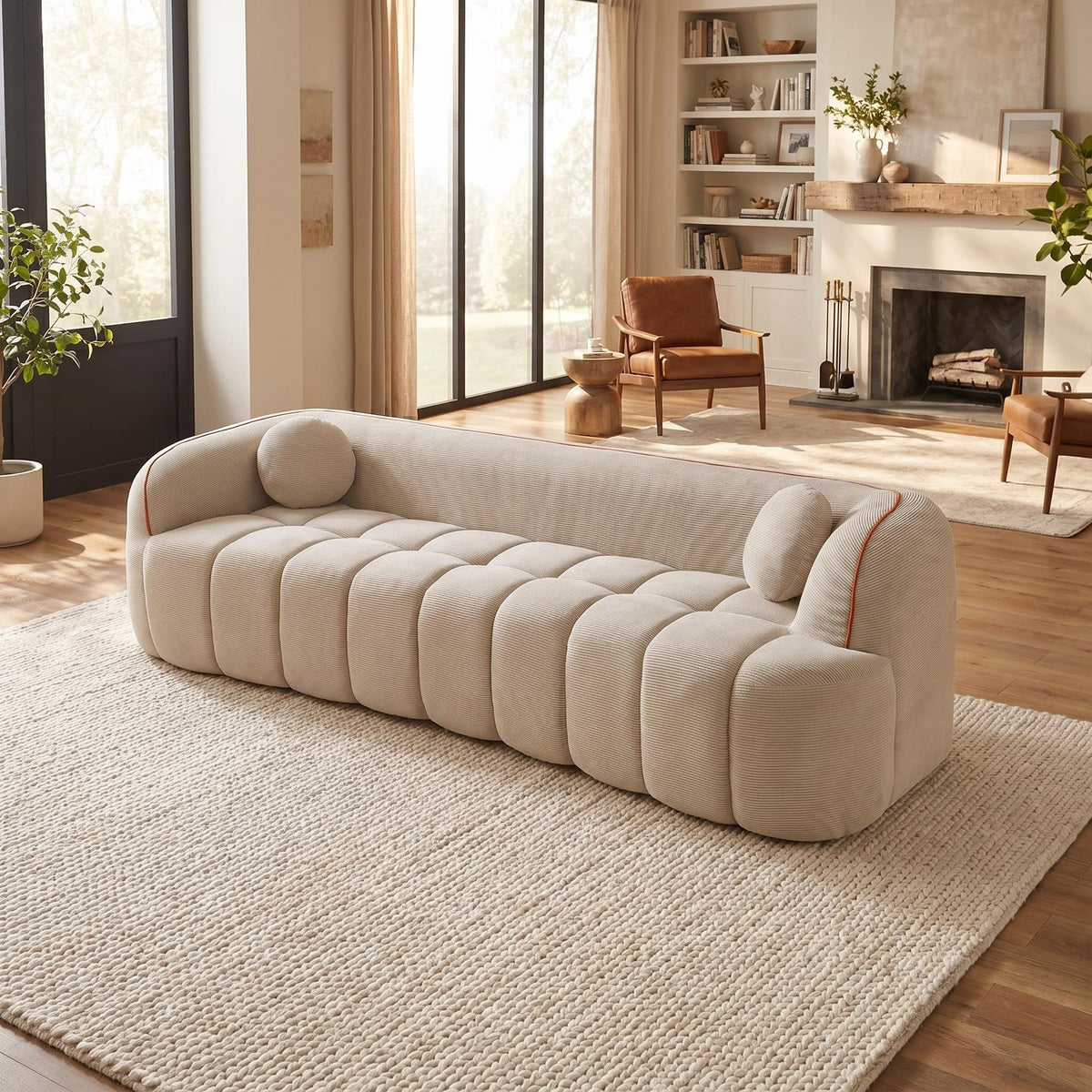 98.4" Modern Compressed Sofa, Cloud Couch 3-Seater Corduroy Sofa, No Assembly Required, Bubble Channel Tufted Couch with 2 Pillows, Comfy Deep Seat for Living Room, Apartment, Office - Sonkuki