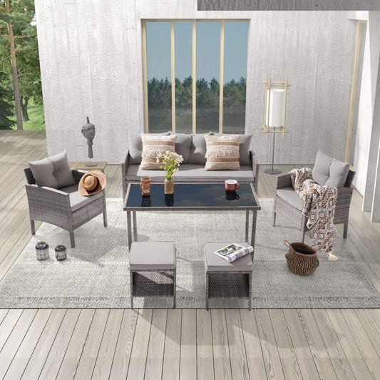 SONKUKI Patio Outdoor Furniture Set Rattan Conversation Sofa Set Thickening Cushions With 3-Seater and Table for Lawn, Poolside.