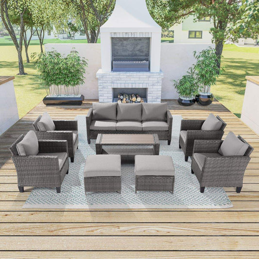 SONKUKI 8-Piece Patio Sofa Set Gray Rattan Outdoor Furniture Set Three-Seat Sofa Ottomans Suiting Backyard, Poolside and Patio.