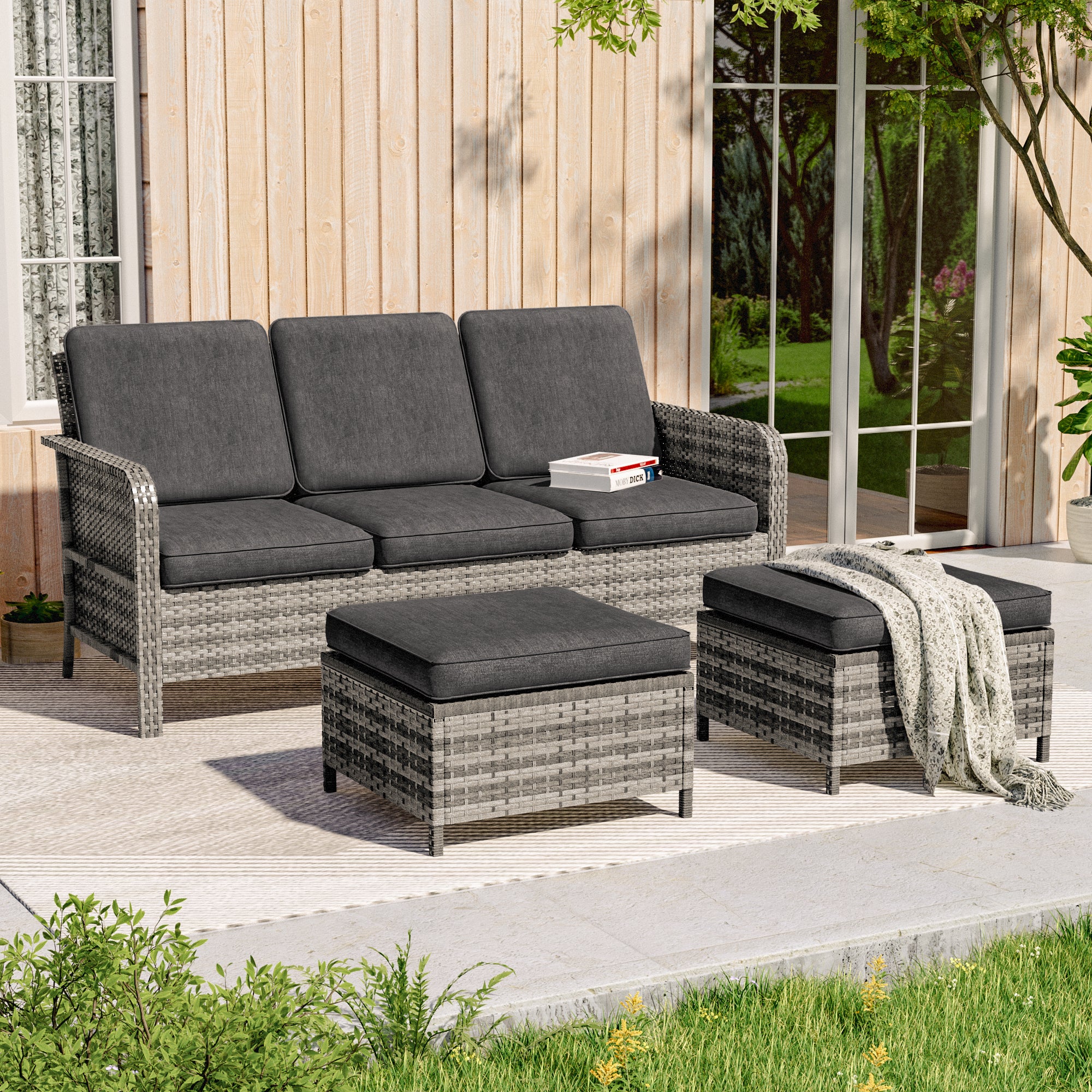 SONKUKI 3 Pieces Sofa with Ottoman Set, All-Weather PE Rattan Wicker Set Patio Conversation Couch with Cushion