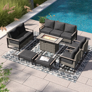 SONKUKI 7-Piecess Patio Furniture Set with 45'' Fire Pit Table Wicker Rattan Conversation Set Outdoor Rattan Sectional Sofa Patio