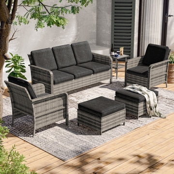 SONKUKI  6 Pieces Patio Conversation Sofa Set with  Table, Brown PE Wicker, Wide Armrests High Back Sofa Chair Design for Lawn, Patio and Porch