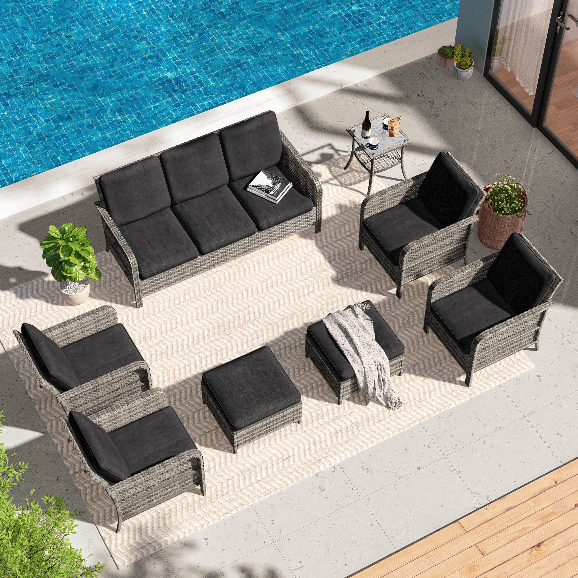 SONKUKI  8 Pieces Patio Conversation Sofa Set with  Table, Brown PE Wicker, Wide Armrests High Back Sofa Chair Design for Lawn, Patio and Porch