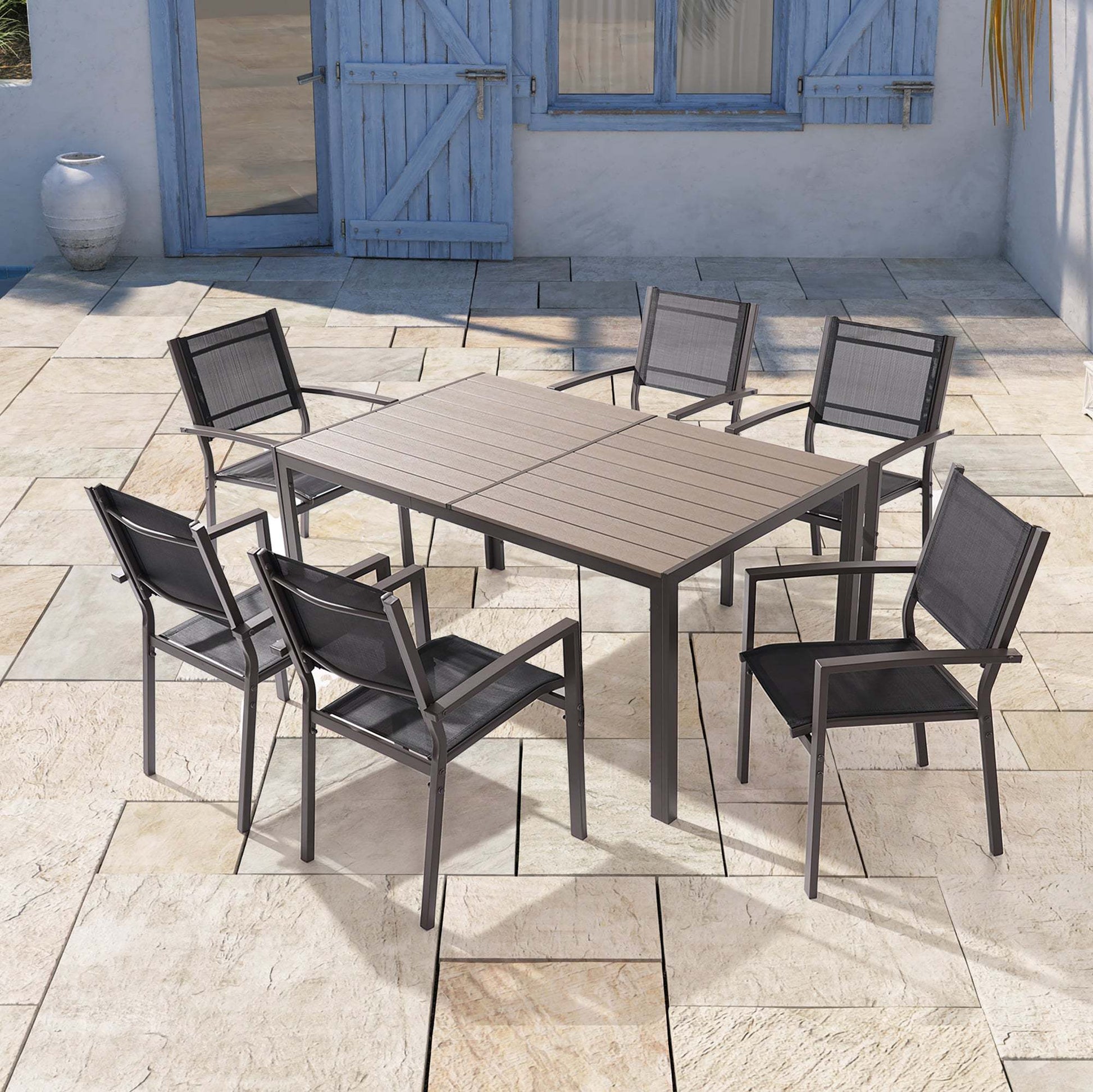 SONKUKI 7 Pieces Dining Table Set Outdoor Steel and Textilene Furniture Set, HIPS Material Tabletop for Balcony, Porch and Backyard.