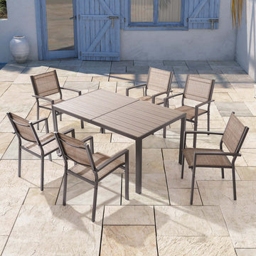 SONKUKI 7 Pieces Dining Table Set Outdoor Steel and Textilene Furniture Set, HIPS Material Tabletop for Balcony, Porch and Backyard.