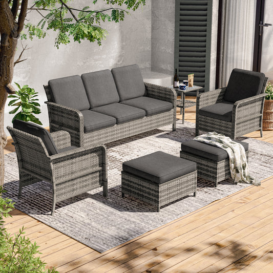 SONKUKI  6 Pieces Patio Conversation Sofa Set with  Table, Brown PE Wicker, Wide Armrests High Back Sofa Chair Design for Lawn, Patio and Porch