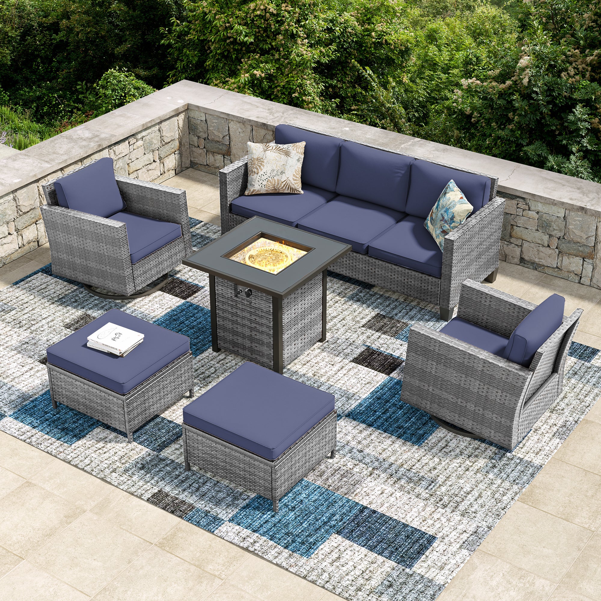 SONSUKI 6 Pieces Patio Sofa with 28'' Fire Table Set,  PE Wicker, Wide Armrests High Back Sofa Chair Design for Lawn, Patio and Porch