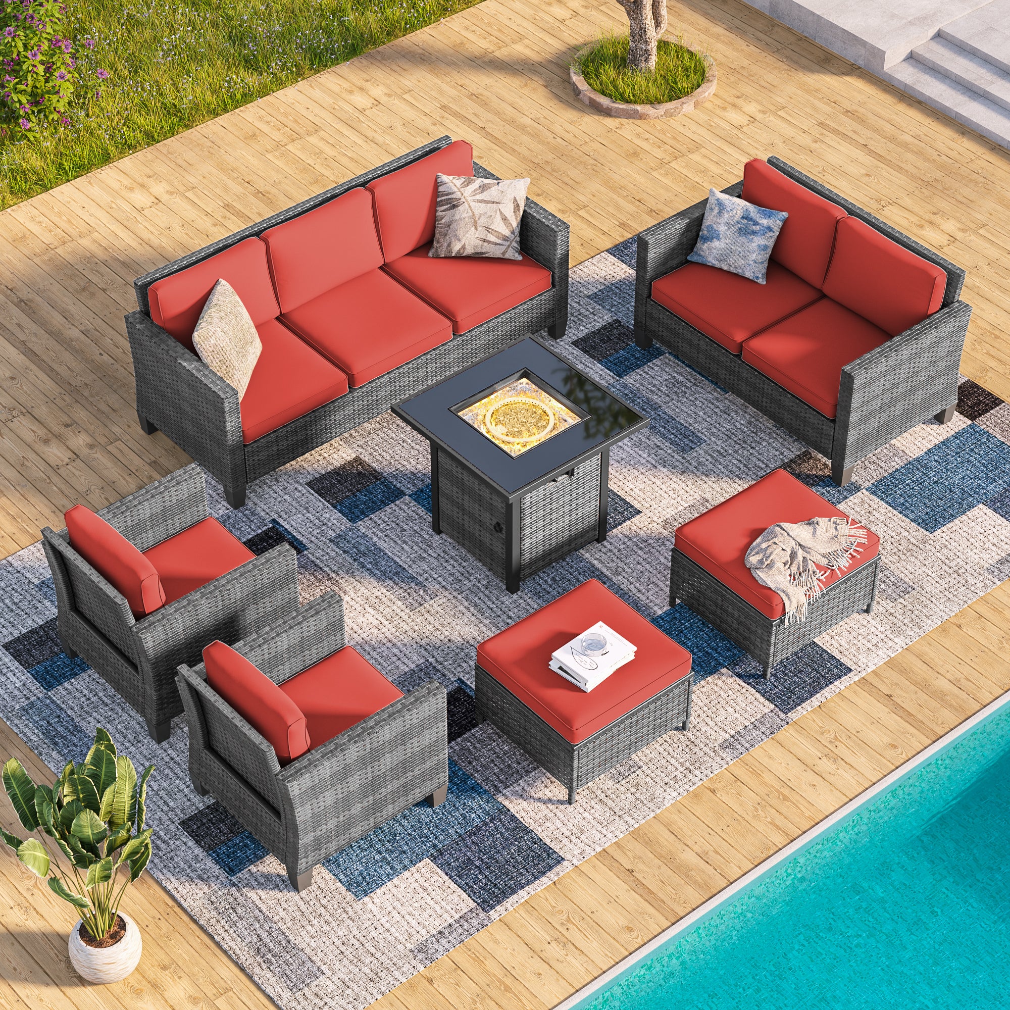 SONSUKI 7 Pieces Patio Sofa with 28'' Fire Table Set,  PE Wicker, Wide Armrests High Back Sofa Chair Design for Lawn, Patio and Porch