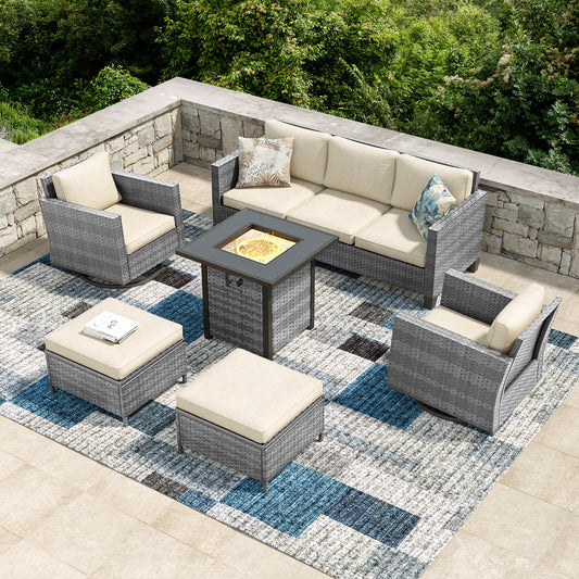 SONSUKI 6 Pieces Patio Sofa with 28'' Fire Table Set,  PE Wicker, Wide Armrests High Back Sofa Chair Design for Lawn, Patio and Porch