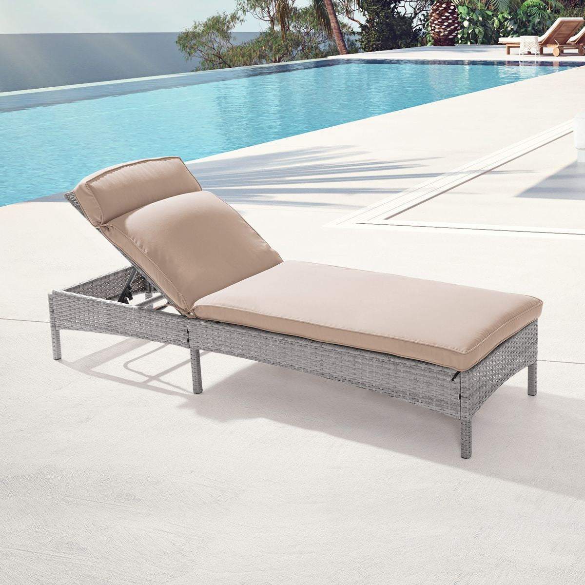 SONKUKI Patio Reclining Chair Rattan Single Lounge Water-Repellent Cushion Adjustable Chaise Suiting for Yard, Poolside and Beach.