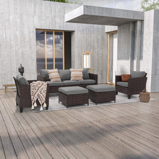 SONKUKI 5-Piece Patio Sofa Set Brown Rattan Outdoor Furniture Set Three-Seat Sofa Ottomans Suiting Backyard, Poolside and Patio.