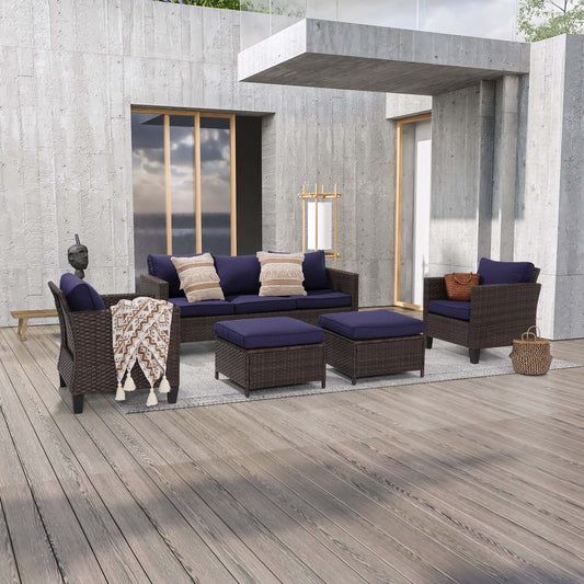 SONKUKI 5-Piece Patio Sofa Set Brown Rattan Outdoor Furniture Set Three-Seat Sofa Ottomans Suiting Backyard, Poolside and Patio.