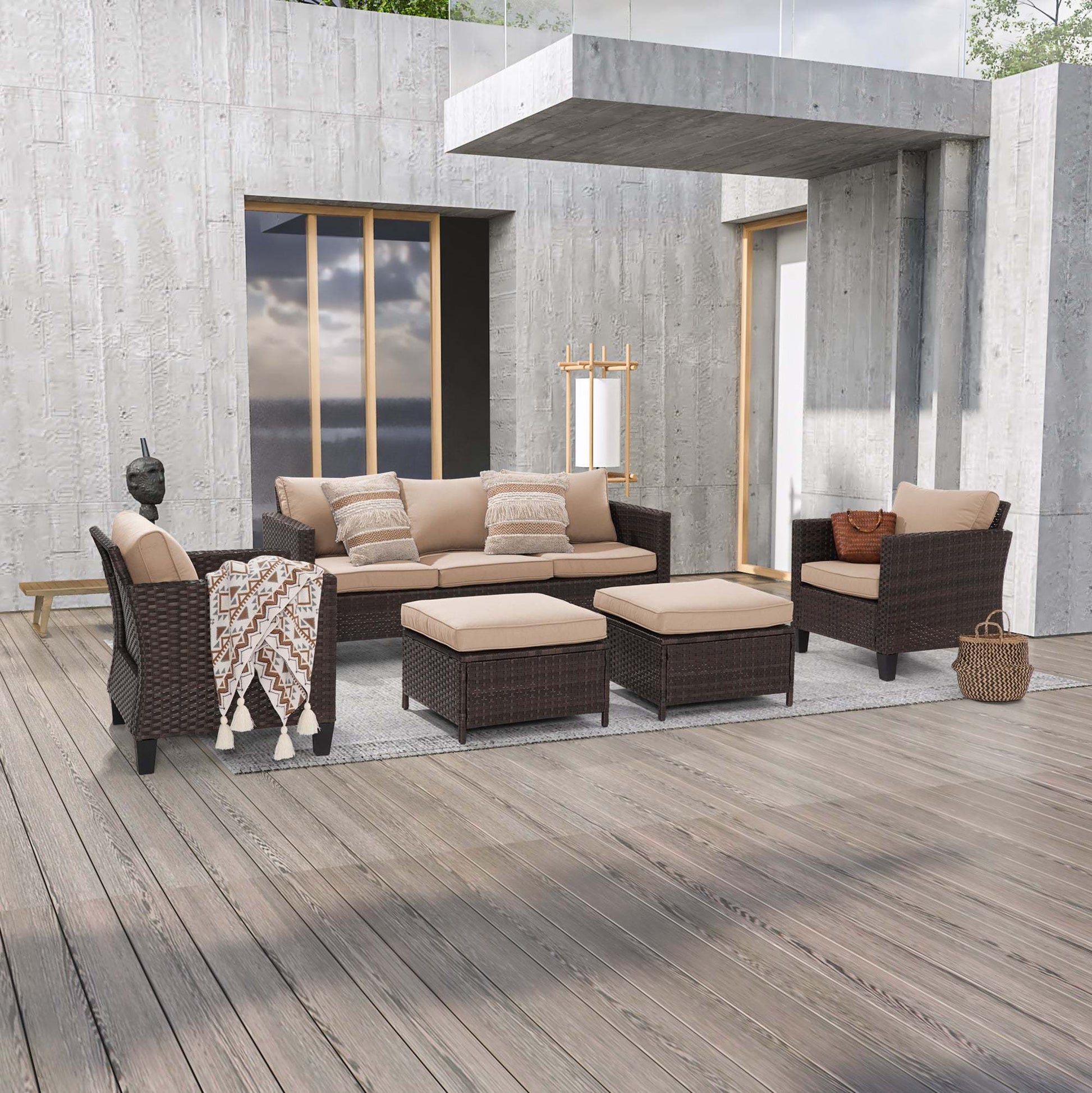 SONKUKI 5-Piece Patio Sofa Set Brown Rattan Outdoor Furniture Set Three-Seat Sofa Ottomans Suiting Backyard, Poolside and Patio.