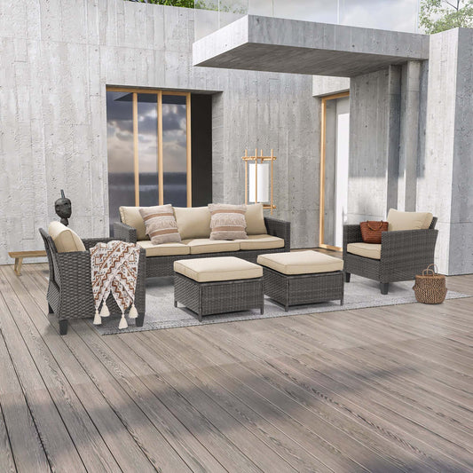 SONKUKI 5-Piece Patio Sofa Set Gray Rattan Outdoor Furniture Set Three-Seat Sofa Ottomans Suiting Backyard, Poolside and Patio.