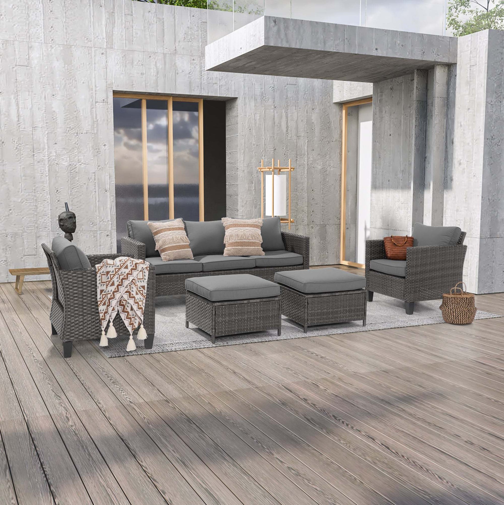 SONKUKI 5-Piece Patio Sofa Set Gray Rattan Outdoor Furniture Set Three-Seat Sofa Ottomans Suiting Backyard, Poolside and Patio.