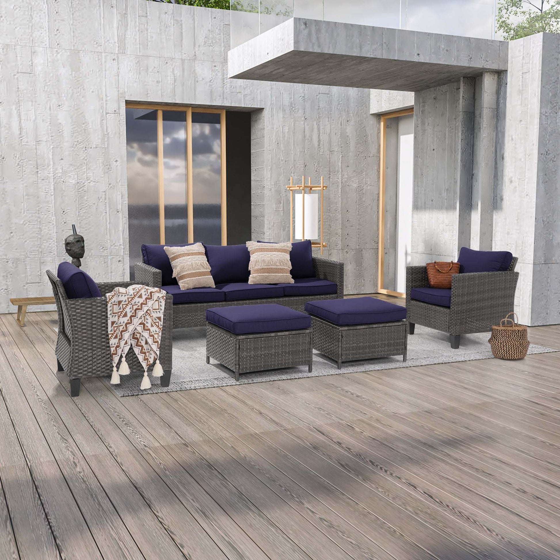 SONKUKI 5-Piece Patio Sofa Set Gray Rattan Outdoor Furniture Set Three-Seat Sofa Ottomans Suiting Backyard, Poolside and Patio.