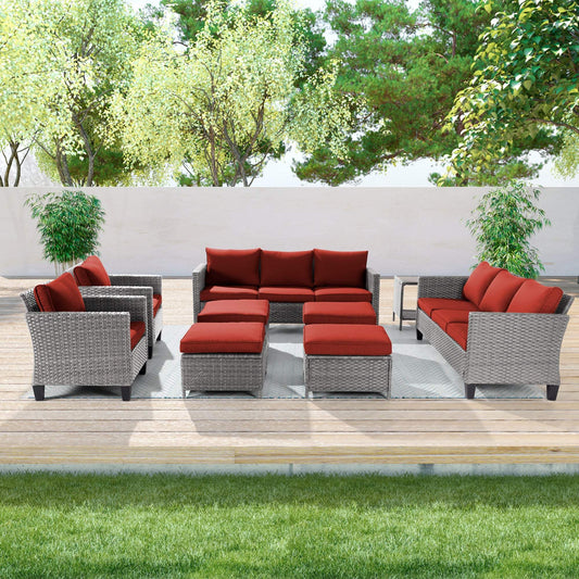 SONKUKI  9-Set Outdoor Gray PE Wicker Furniture Wide Seat Conversation Couch Set Extra Ottomans Design for Lawn, Patio and Porch.