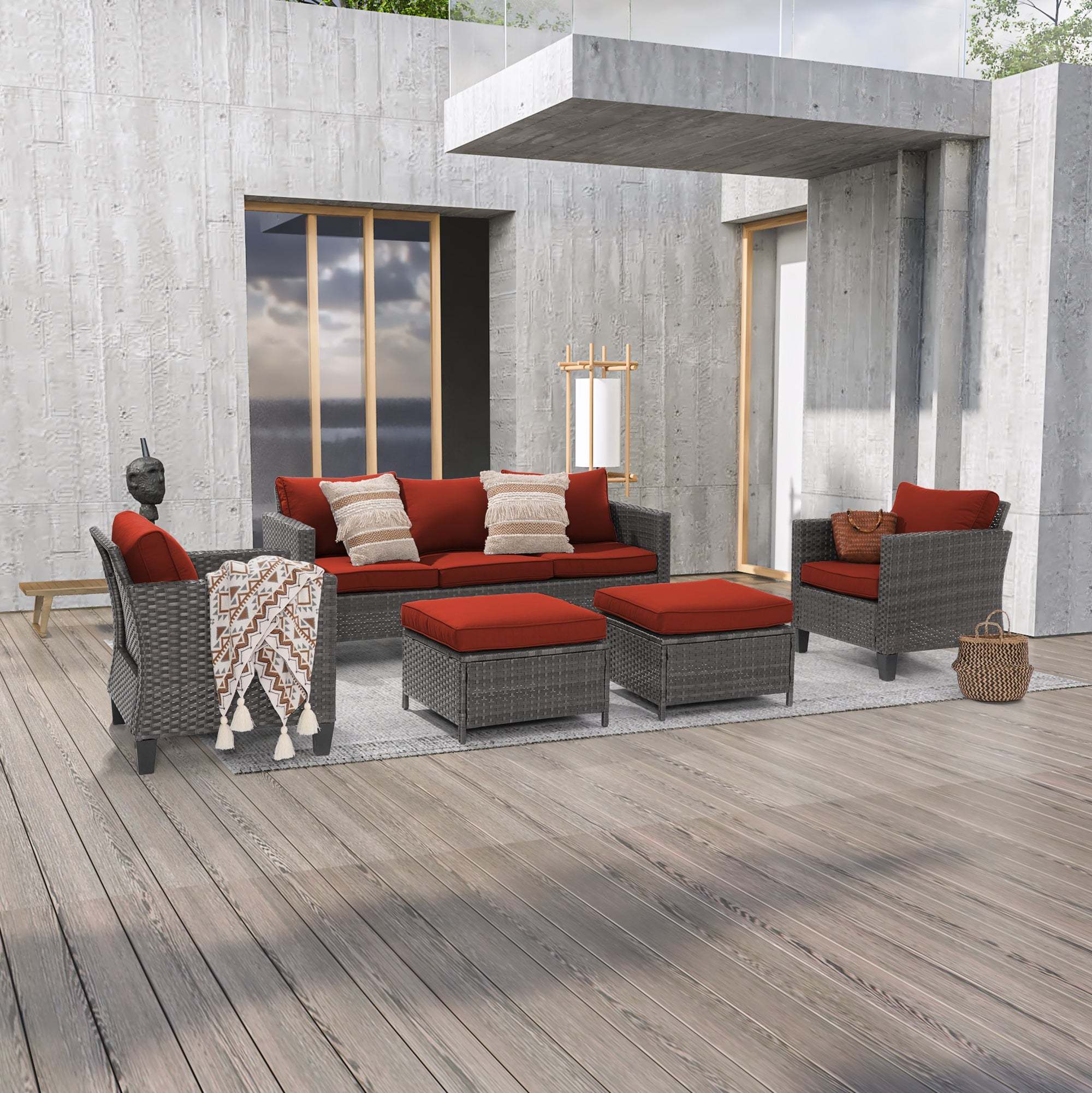 SONKUKI 5-Piece Patio Sofa Set Gray Rattan Outdoor Furniture Set Three-Seat Sofa Ottomans Suiting Backyard, Poolside and Patio.