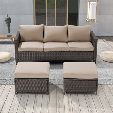 SONKUKI Patio Outdoor Furniture Set Brown Rattan Coversation Seating Set Thickening Cushions With 3-Seater, Ottomans for Lawn, Poolside.