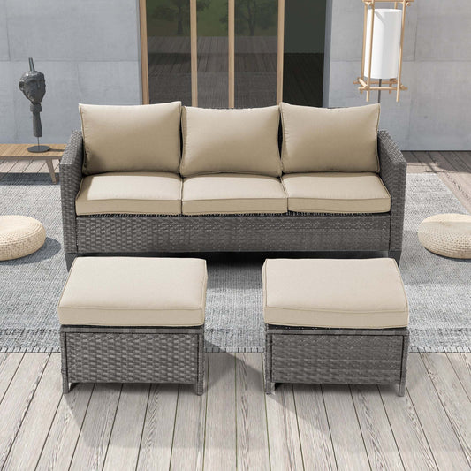 SONKUKI Patio Outdoor Furniture Set Gray Rattan Coversation Seating Set Thickening Cushions With 3-Seater, Ottomans for Lawn, Poolside.