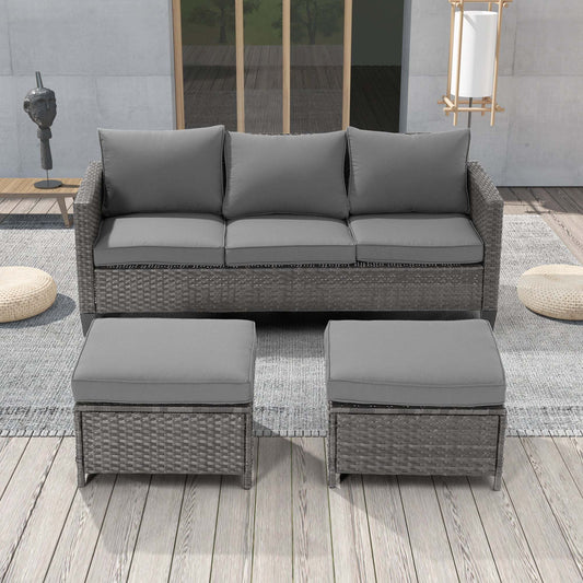 SONKUKI Patio Outdoor Furniture Set Gray Rattan Coversation Seating Set Thickening Cushions With 3-Seater, Ottomans for Lawn, Poolside.