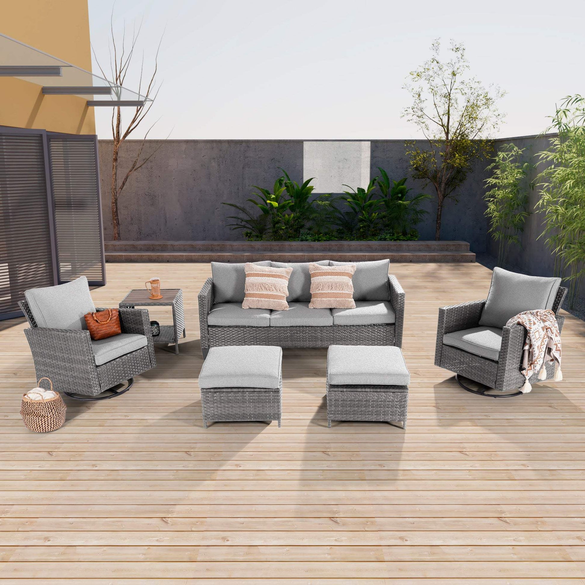  Rocking Sofa SONKUKI  6-Piece Patio Sofa Set Gray Rattan