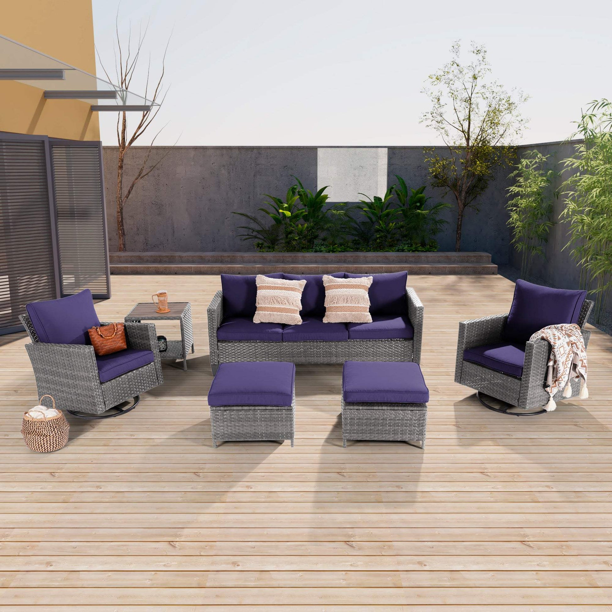  Rocking Sofa SONKUKI  6-Piece Patio Sofa Set Gray Rattan