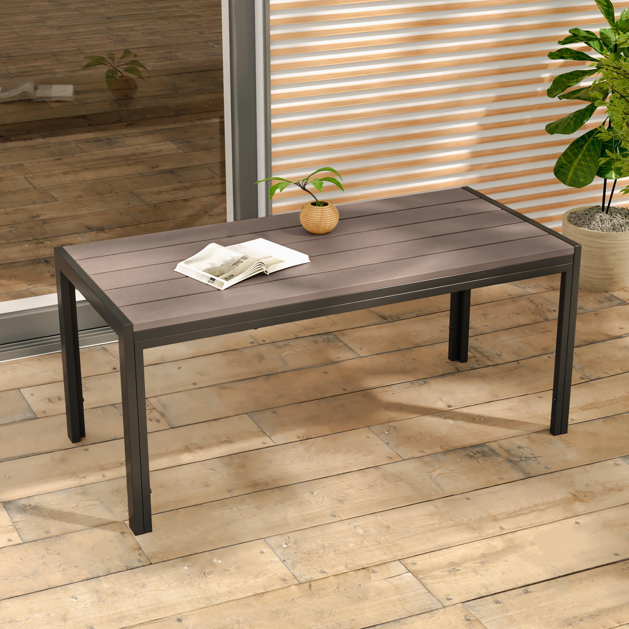 SONKUKI Patio Coffee Table, Outdoor Metal & Wood Grain Rectangular Table