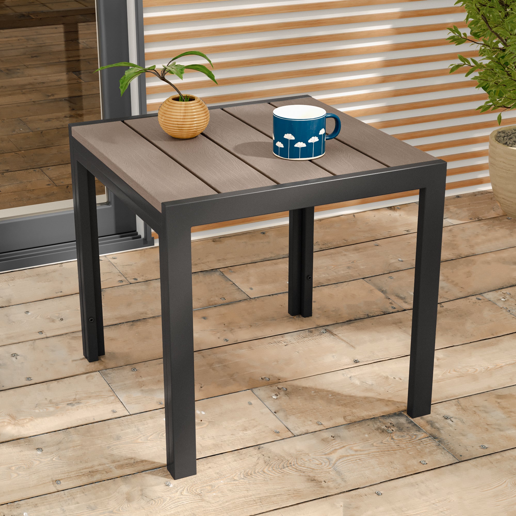 SONKUKI Patio Side table, Outdoor Metal & Wood Grain Square Table