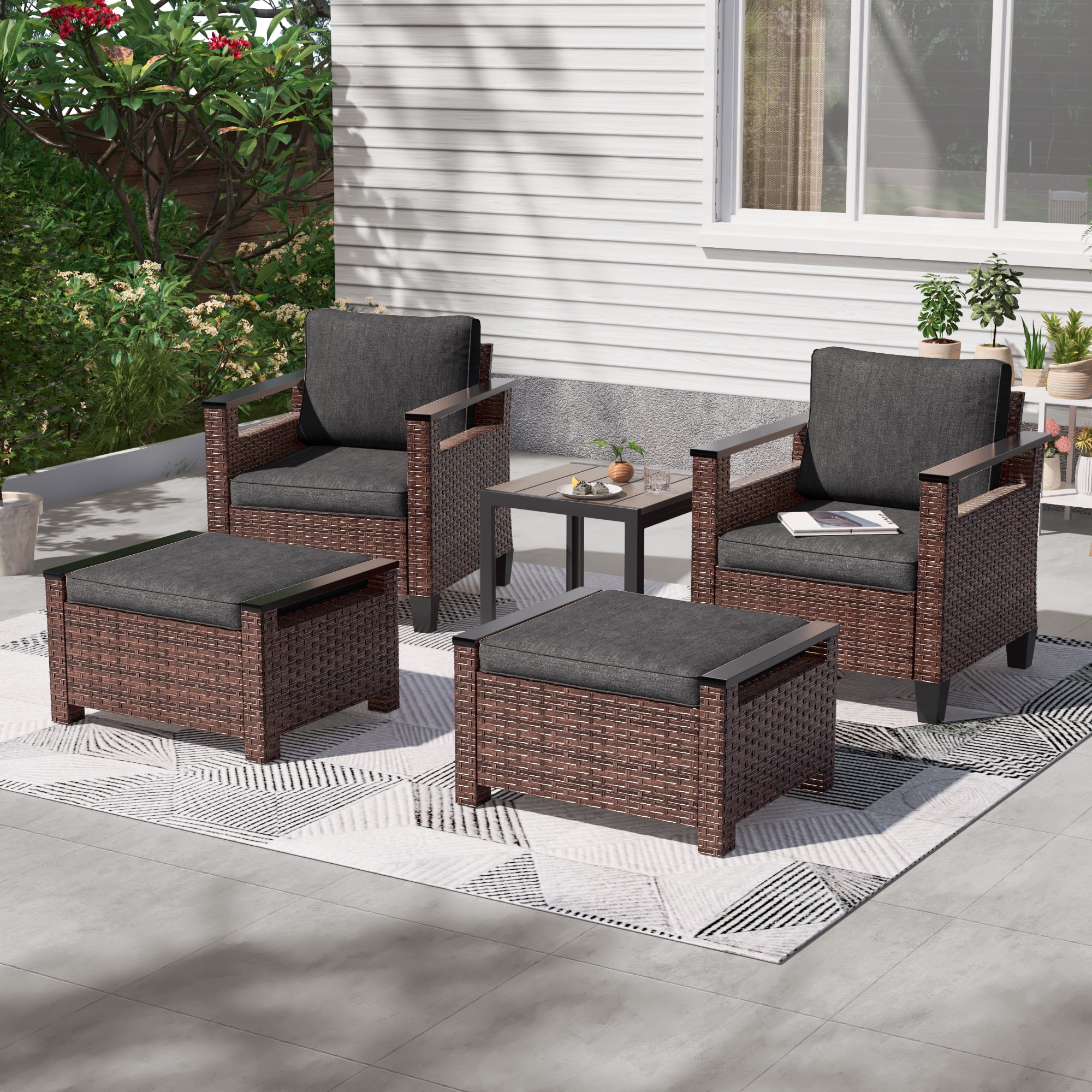 SONKUKI 5 Pieces Furniture Set with Side Table and Ottomans, All-Weather PE Rattan Wicker Chair Set Small Patio Conversation Couch with Cushion