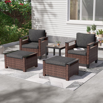 SONKUKI 5 Pieces Furniture Set with Side Table and Ottomans, All-Weather PE Rattan Wicker Chair Set Small Patio Conversation Couch with Cushion