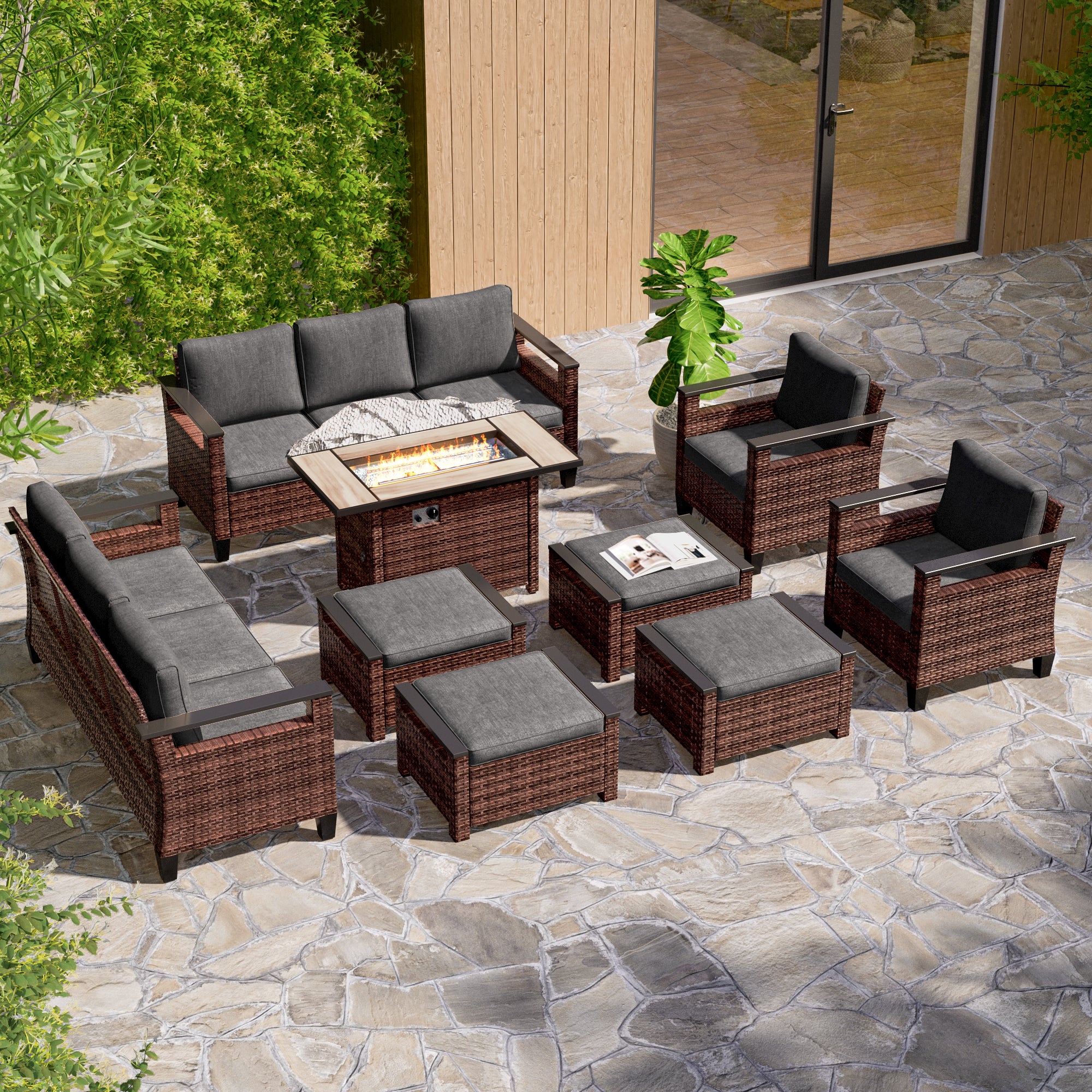 SONKUKI 9 Pieces Patio Sofa with 45'' Fire Table Set, Brown PE Wicker, Wide Armrests High Back Sofa Chair Design for Lawn, Patio and Porch