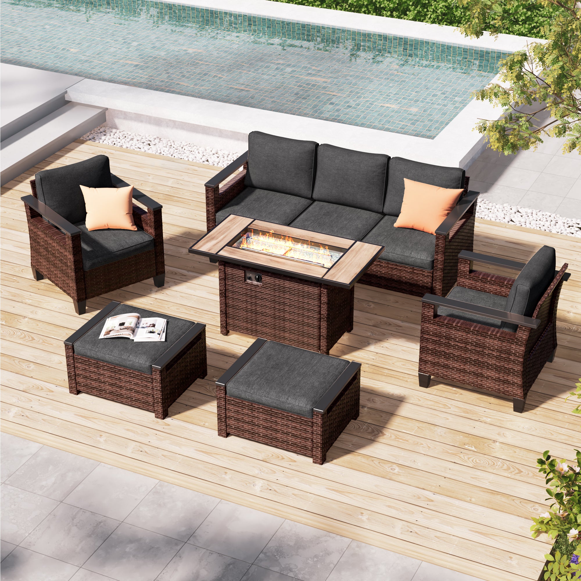 SONKUKI 6 Pieces Patio Sofa with 45'' Fire Table Set, Brown PE Wicker, Wide Armrests High Back Sofa Chair Design for Lawn, Patio and Porch