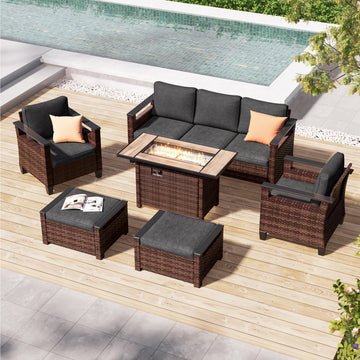 SONKUKI 6 Pieces Patio Sofa with 45'' Fire Table Set, Brown PE Wicker, Wide Armrests High Back Sofa Chair Design for Lawn, Patio and Porch