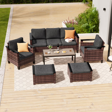 SONKUKI 6 Pieces Patio Conversation Sofa Set with Coffee Table, Brown PE Wicker, Wide Armrests High Back Sofa Chair Design for Lawn, Patio and Porch