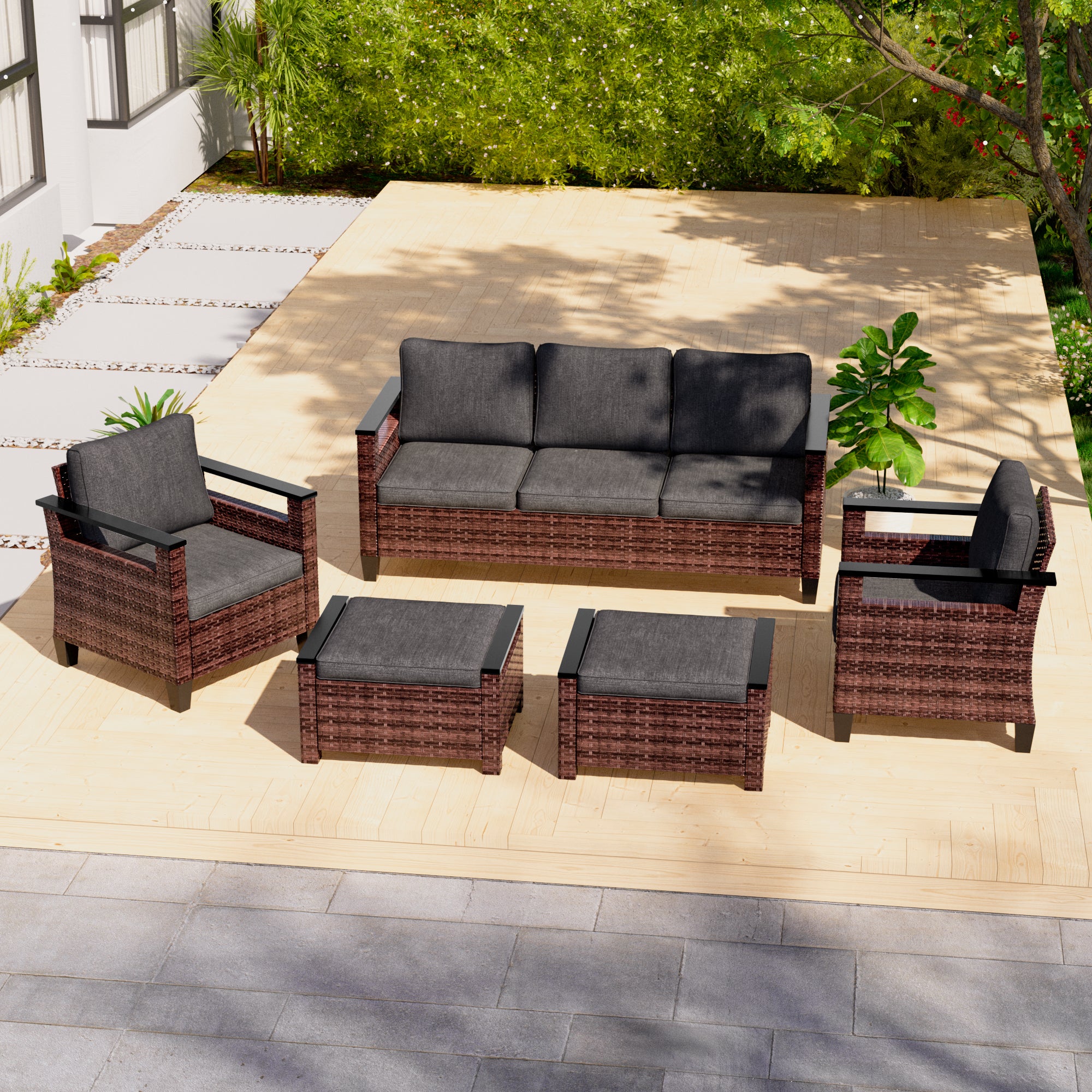 SONKUKI 5 Pieces PE Wicker Patio Sofa with Ottomans Set, Wide Armrests for Lawn, Patio and Porch, Brown