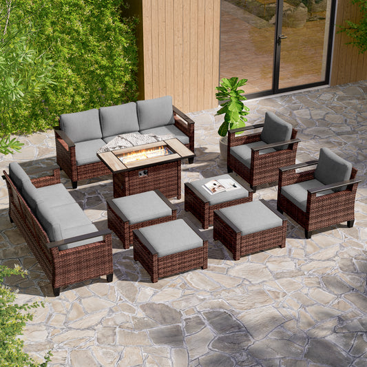 SONKUKI 9 Pieces Patio Sofa with 45'' Fire Table Set, Brown PE Wicker, Wide Armrests High Back Sofa Chair Design for Lawn, Patio and Porch