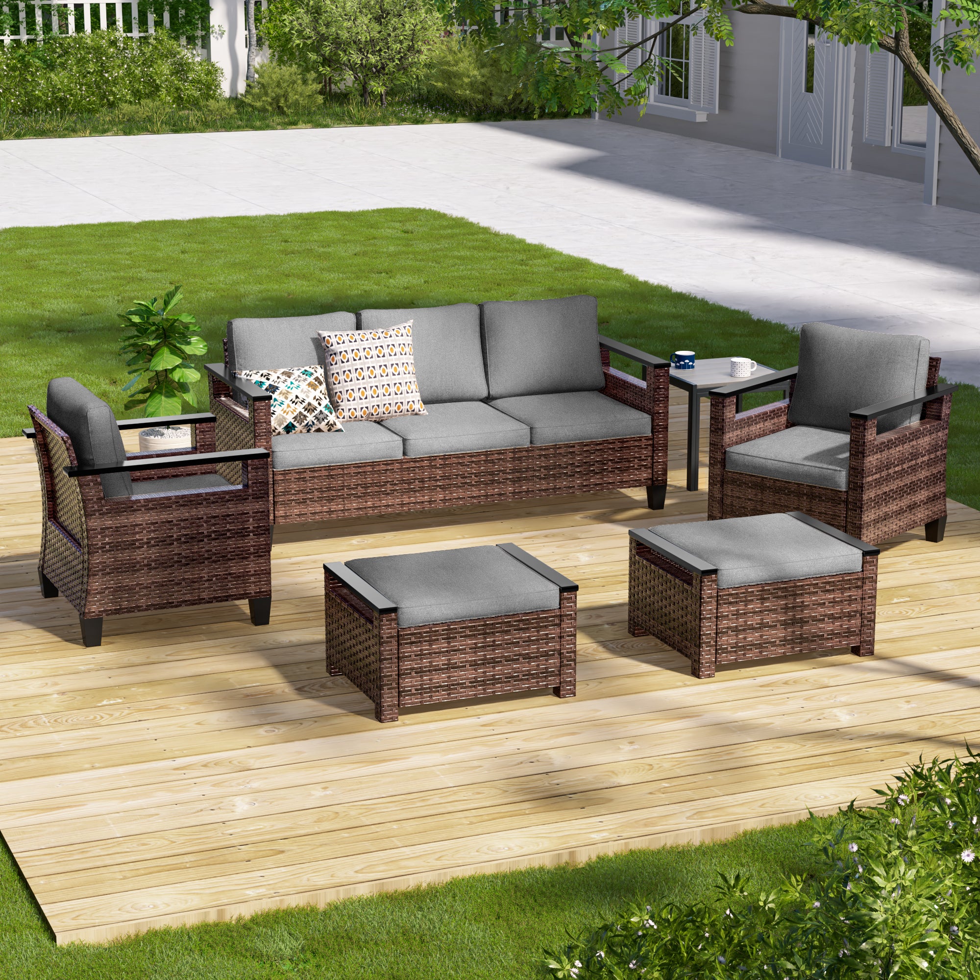 SONKUKI 6 Pieces Patio Conversation Sofa Set with Side Table, Brown PE Wicker, Wide Armrests High Back Sofa Chair Design for Lawn, Patio and Porch