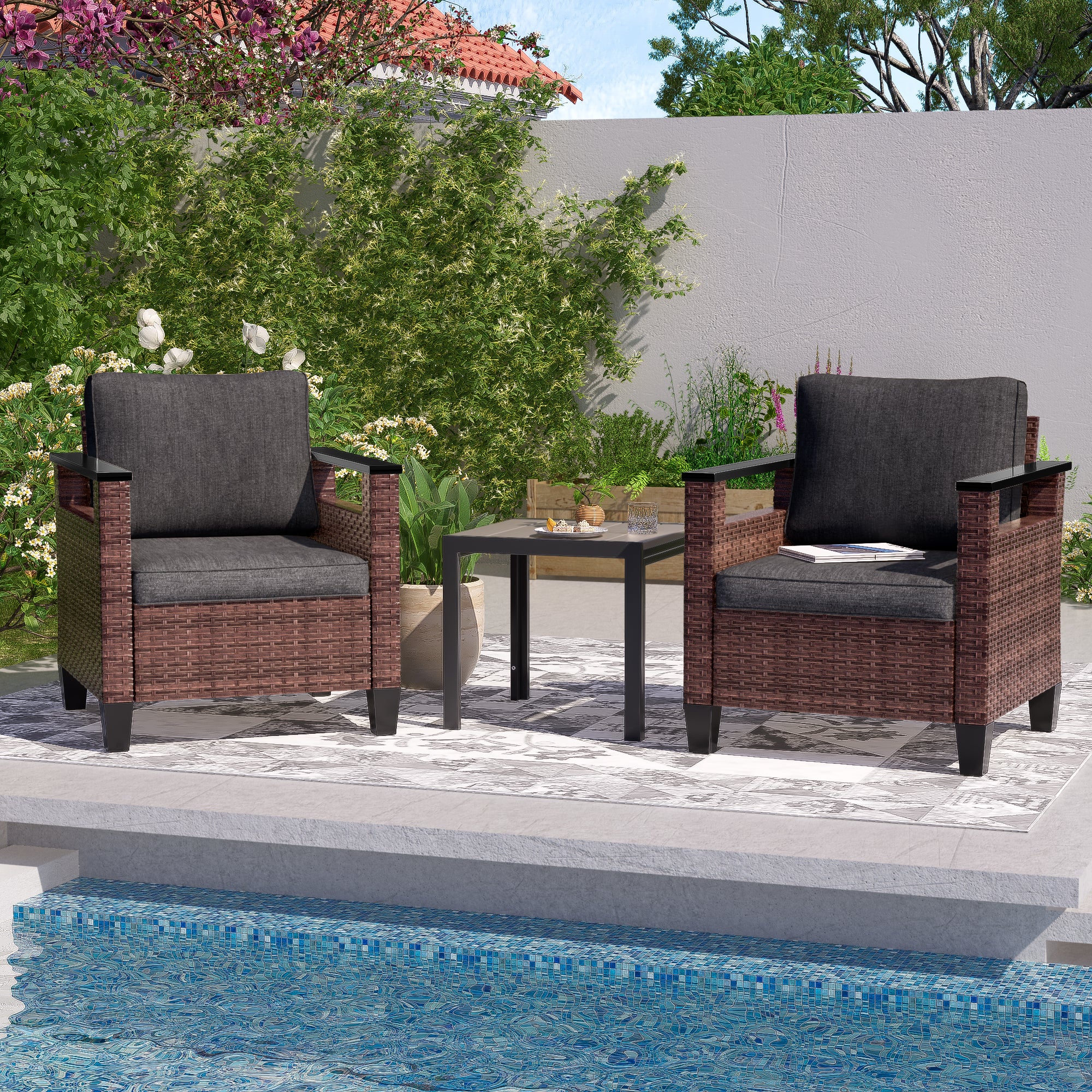 SONKUKI 3 Pieces Chairs with Side Table, All-Weather PE Rattan Wicker Set Small Patio Conversation Couch with Cushion